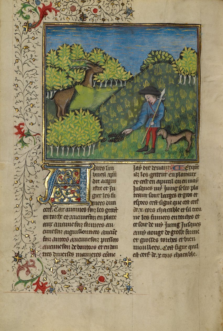 En jägare och en hund undersöker en hjorts sporer av Unknown artist