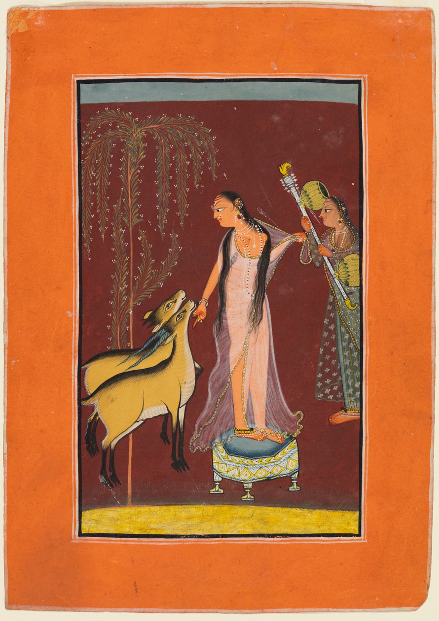 En dam med skötare och ett par rådjur: Förmodligen Gujari Ragini från Dipak, från en Pahari Ragamala av Unknown artist