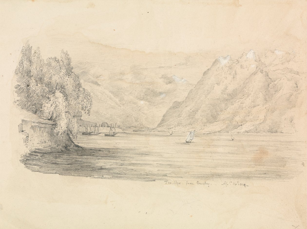 En sjö omgiven av berg av Unknown artist