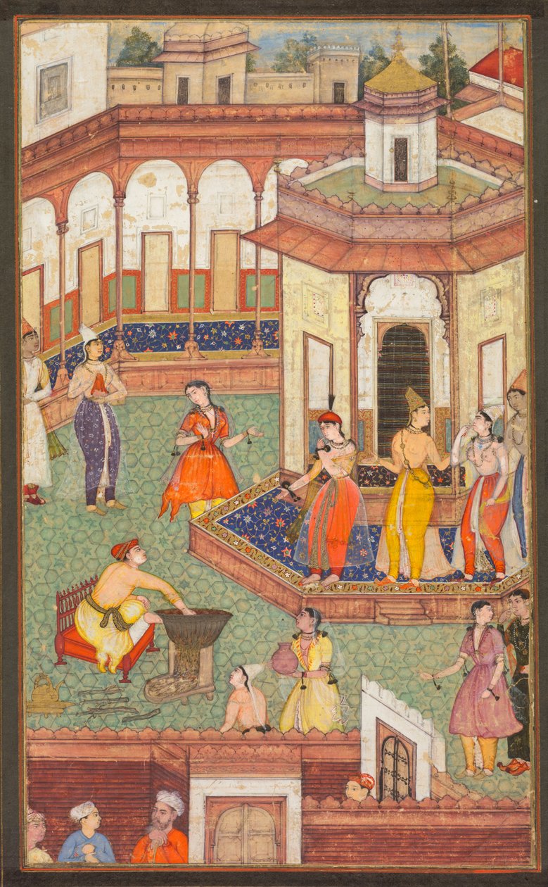En man doppar sin hand i en kittel när Ladies of the Harem står i häpnad: A Page from a Manuscript of Religious History av Unknown artist