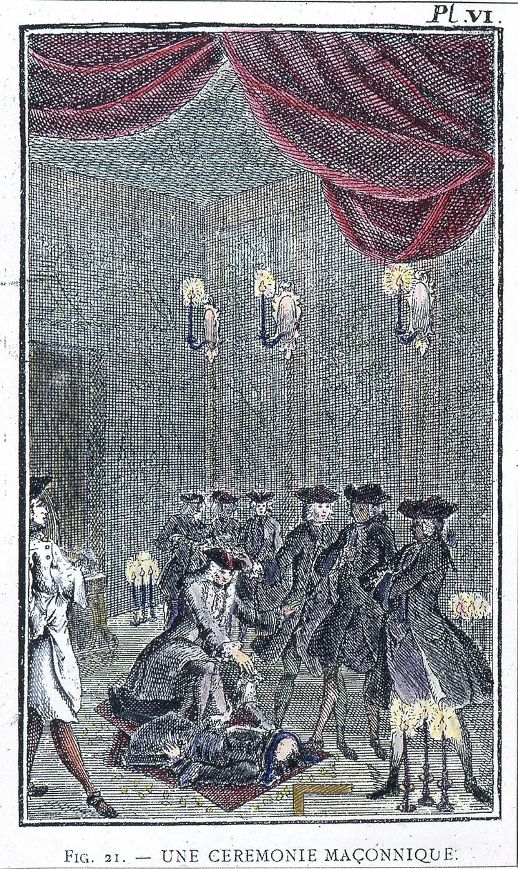 En frimurarceremoni - baserad på en gravyr från samlingen "Order of the Betrayed Freemasons" av Fader Perau av Unknown artist