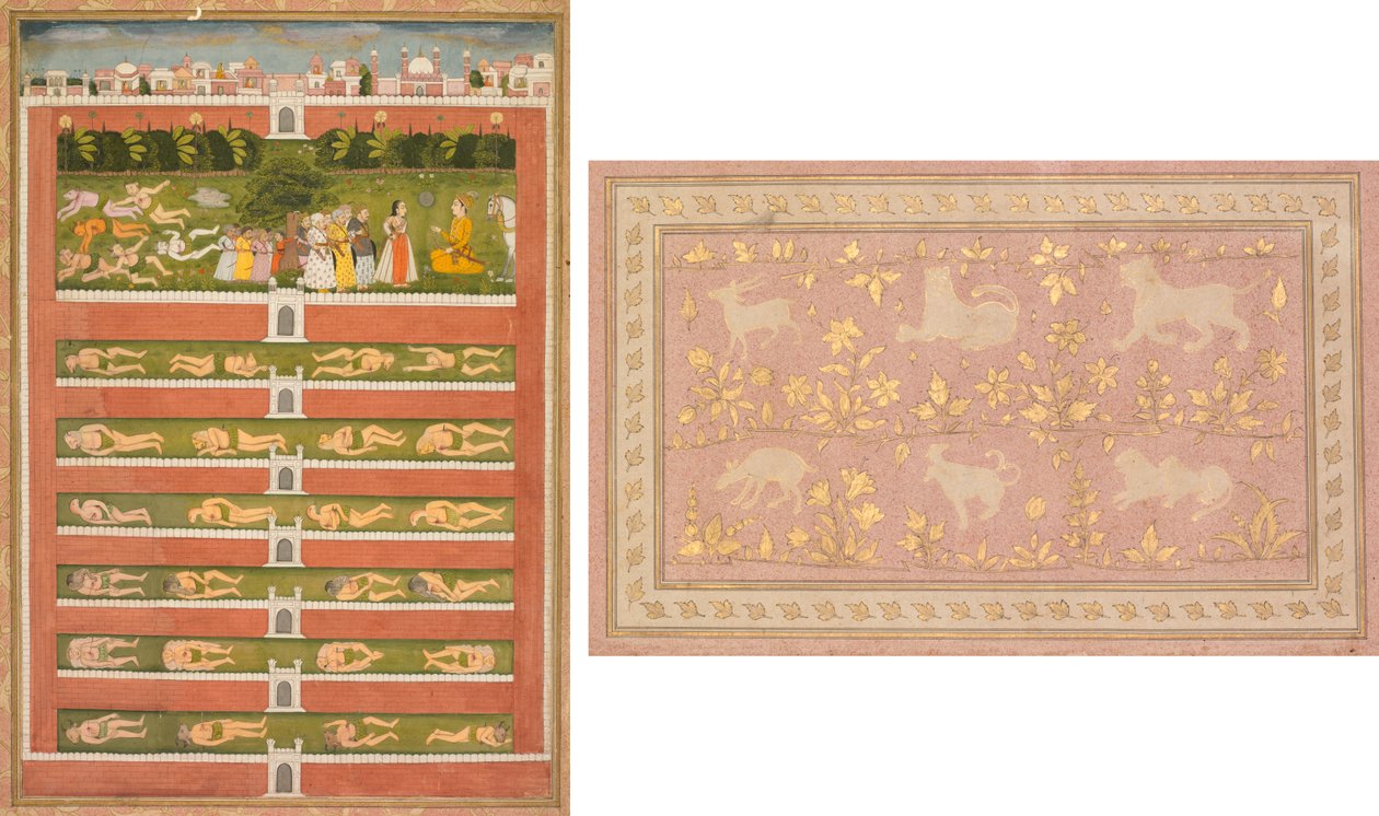 En prinsessa och demoner framför en adelsman: Ett blad från en poetisk romans som relaterar till Shah Alam I (recto); Stencilerade scener av lejon och gasell (verso) av Unknown artist
