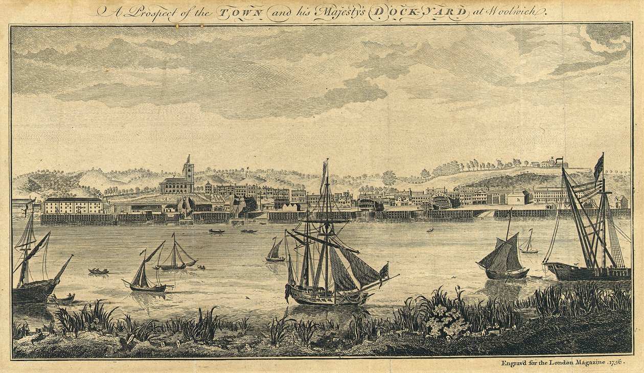 "En utblick över staden och hans majestäts skeppsvarv i Woolwich av Unknown artist