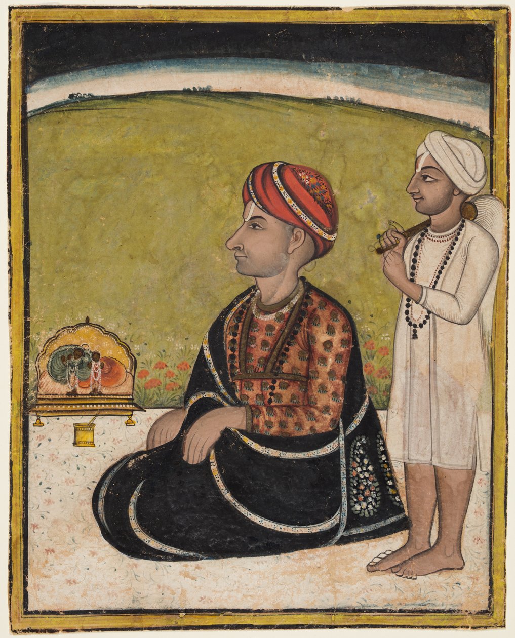 En härskare sitter på en terrass och dyrkar vid en helgedom av Radha och Krishna av Unknown artist