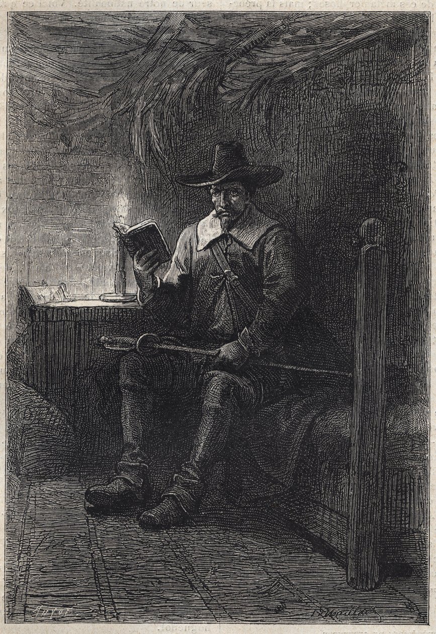 En skotsk puritan - 1800-talsillustration till den historiska romanen "The Puritans of Scotland" (Old Mortality) av Walter Scott (1771-1832) av Unknown artist