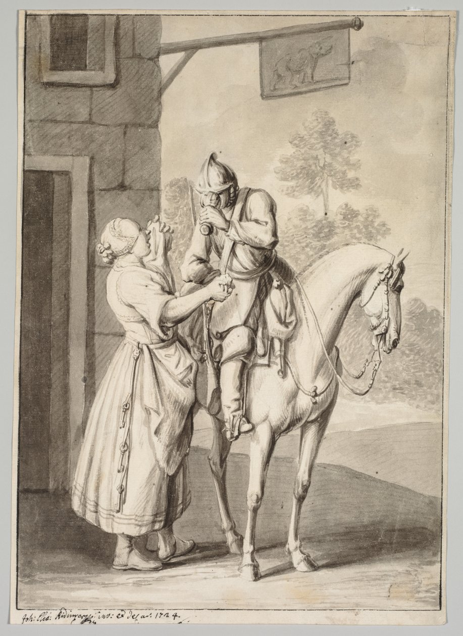 En soldat i rustning framför en krog av Unknown artist