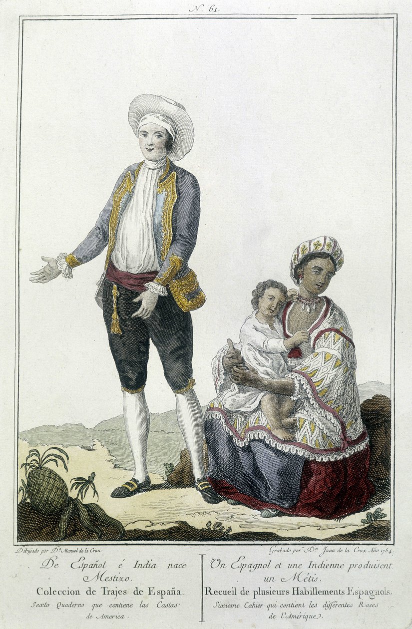 En spanjor och en indier föder en Métis - gravyr av Unknown artist