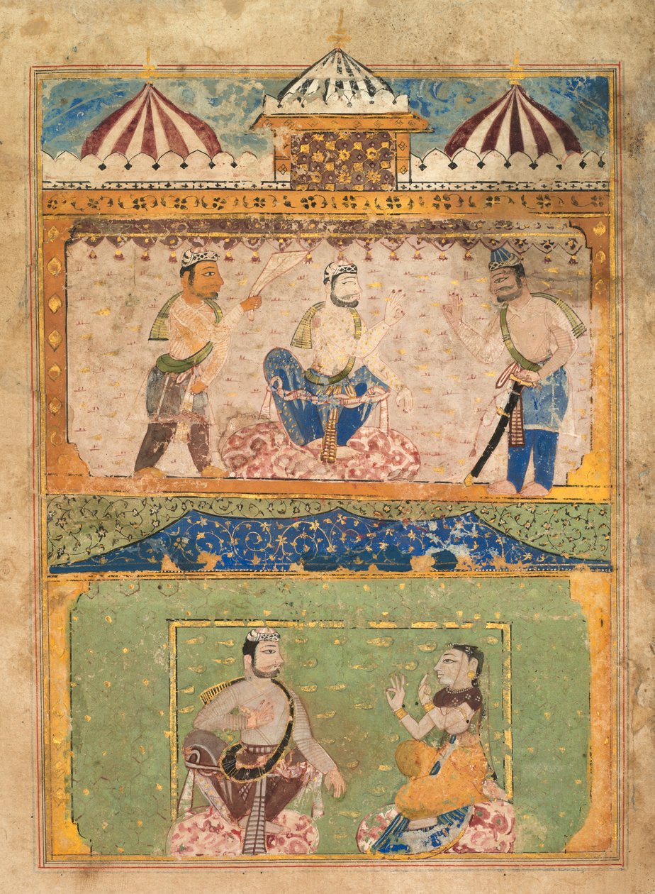 En resenär övertalar Lorik att återvända hem (överst); Chanda Objects (nederst), från en Chandayana (Story of Chanda) av Unknown artist
