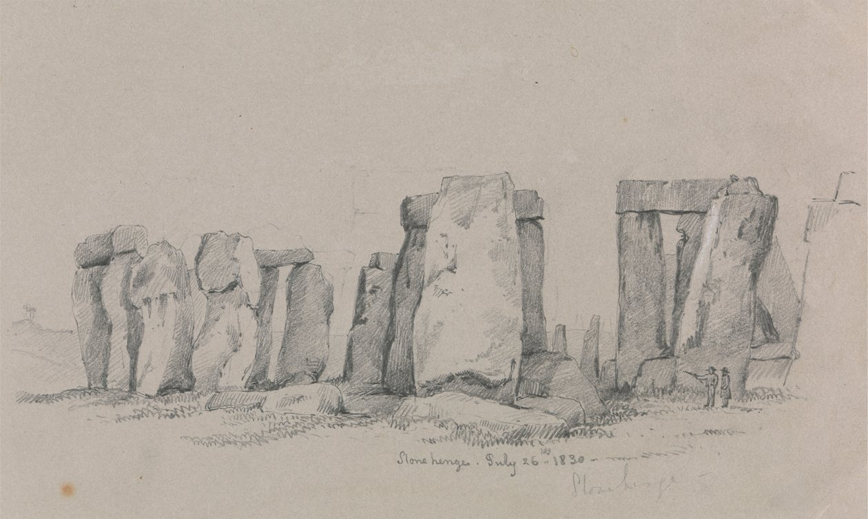 En vy av Stonehenge med två figurer i förgrunden av Unknown artist