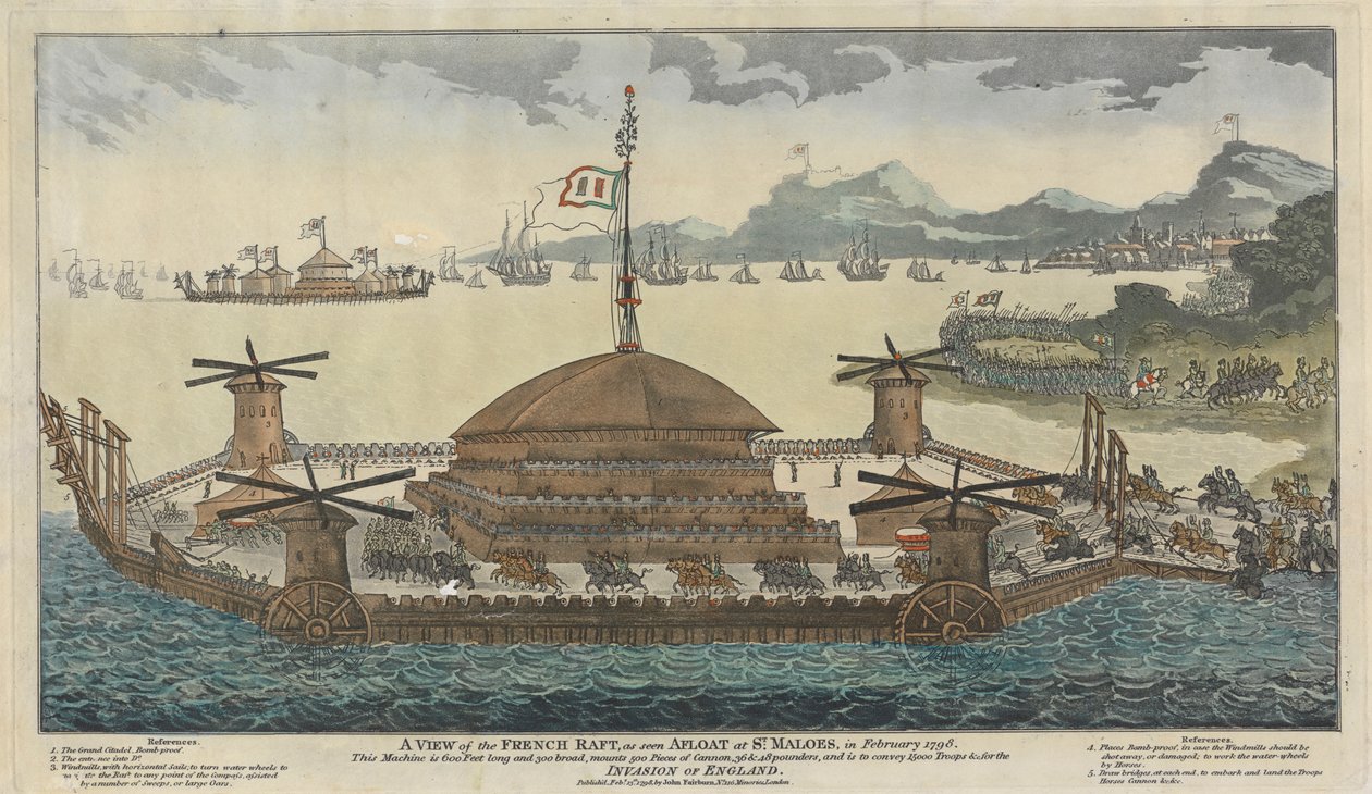 En vy av den franska flotten, som den ses flytande vid St. Maloes, i februari 1798. Maskinen är 600 fot lång och 300 bred, monterar 500 stycken kanoner, 36 och 48 pund, och ska transportera 15 000 trupper och för invasionen av England. av Unknown artist