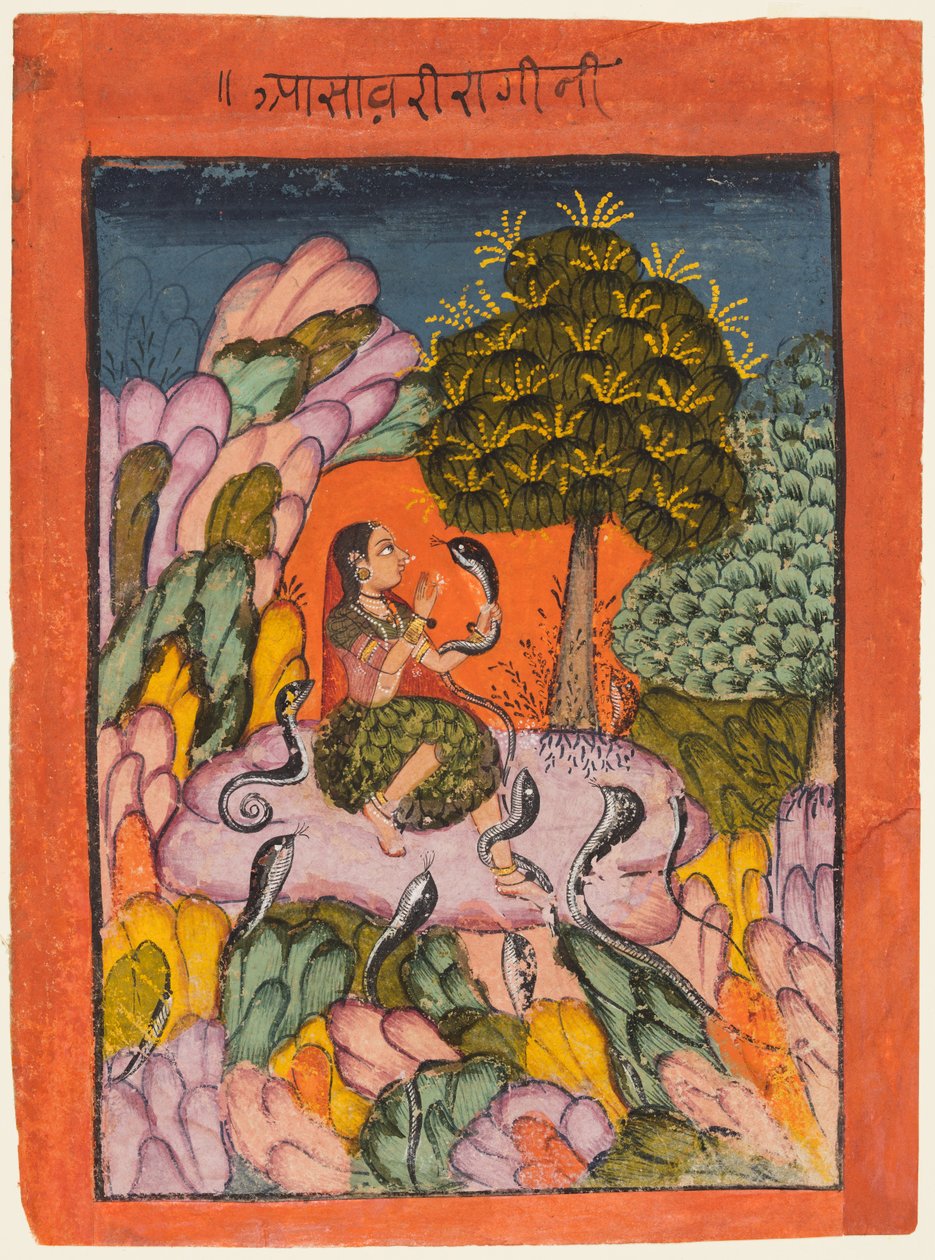 En kvinna charmar ormar i vildmarken: Asavari Ragini, från en Ragamala av Unknown artist