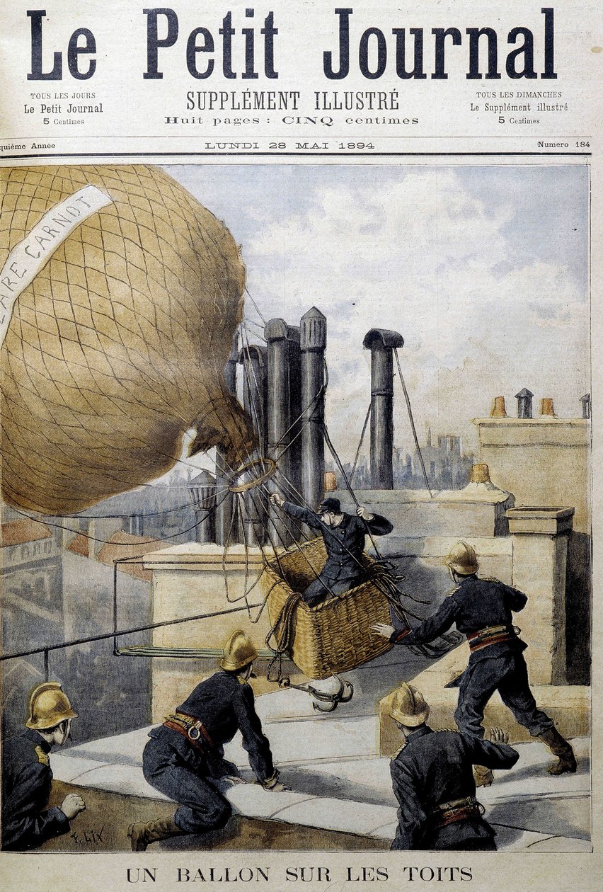 En ballong på taken: räddning av brandmännen - i "" Le Petite Journal"" av Unknown artist