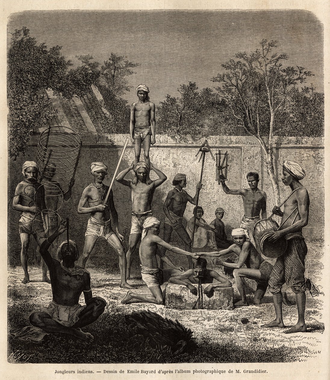Ett gäng indiska jonglörer. Gravyr för att illustrera resan i Indiens meridionalprovinser, av Alfred Grandidier, 1862-1864, publicerad i "" le tour du monde", under ledning av D