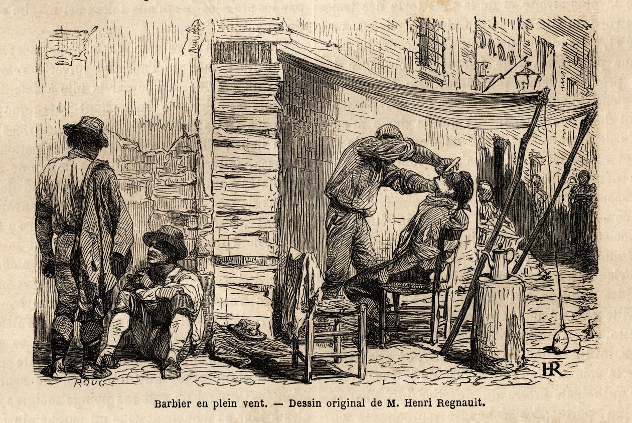 En frisör i vinden på Roms gator. Gravyr för att illustrera resan till Rom, av Francis Wey, 1864-1868, publicerad i "Le tour du monde, nouveau journal des voyages", under ledning av Edouard Charton av Unknown artist