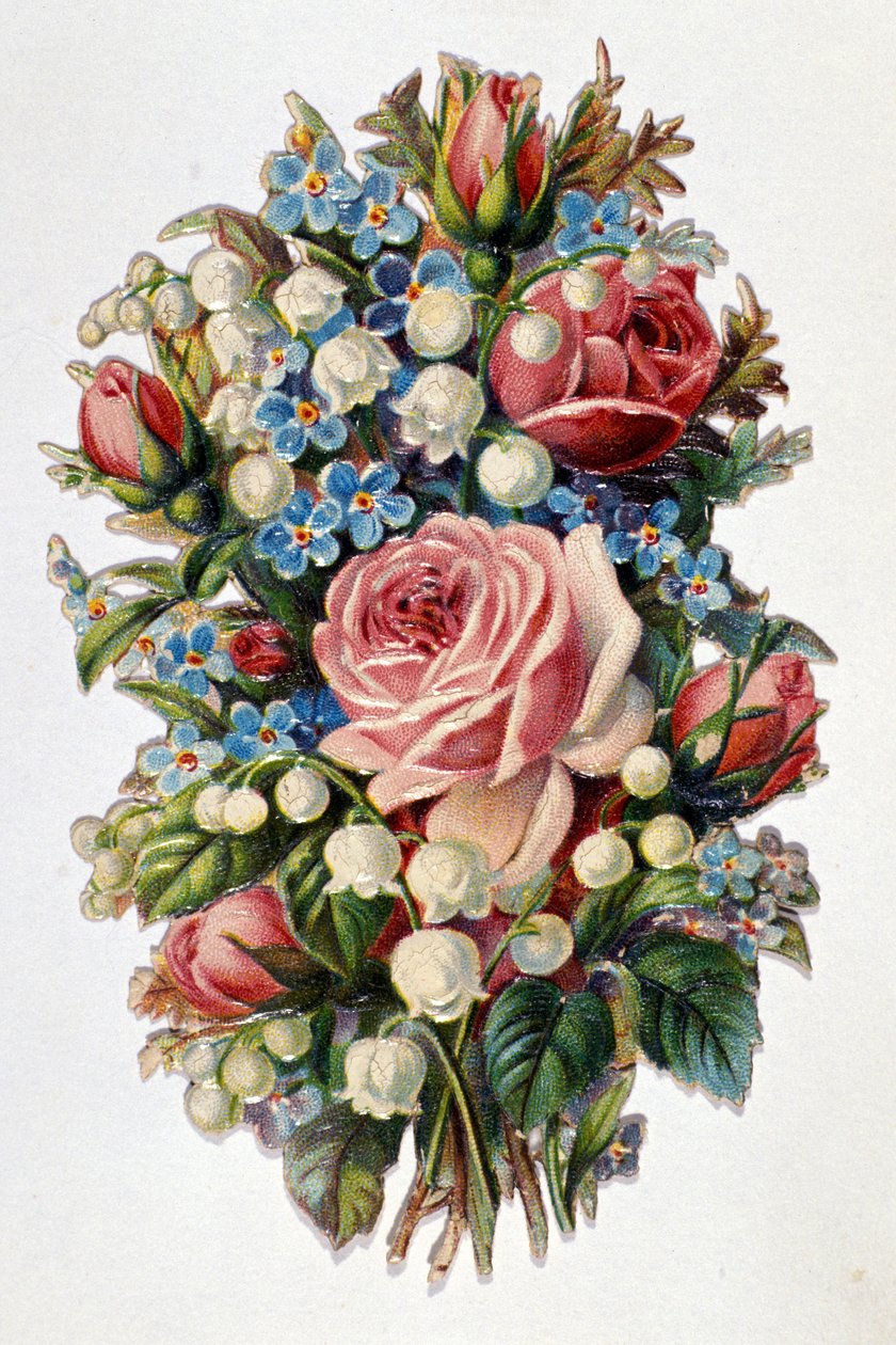 En bukett blandad med rosor, liljekonvalj. av Unknown artist