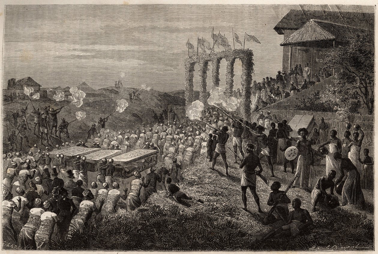 En brudkortege i Tete (Moçambique). Gravyr för att illustrera Dr. Livingstones första resor till södra Afrika från 1840 till 1856, i "Le tour du monde, nouveau journal des voyages"" publicerad under ledning av Edouard Charton av Unknown artist