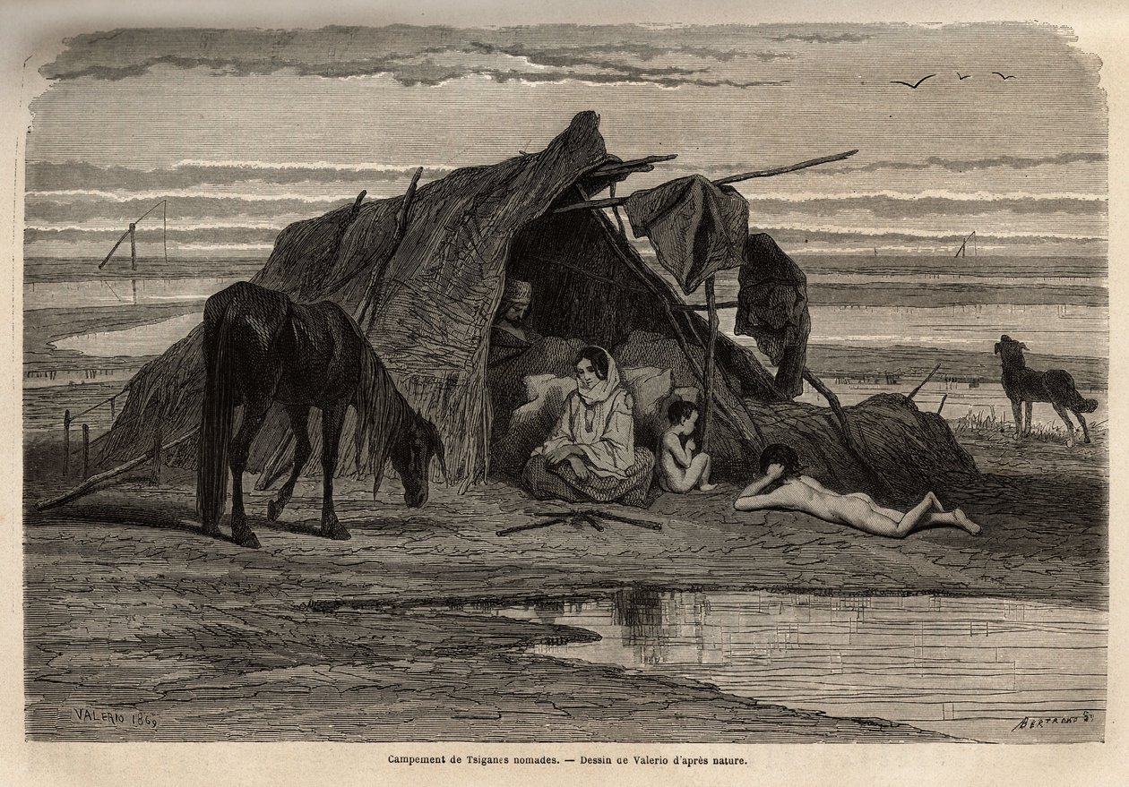 Ett läger av nomadiska zigenare på slätterna i norra Bosnien. Gravyr för att illustrera minnen av resor bland södra slaver, av Georges Perrot, 1868, publicerad i "" Le tour du monde"" 1870-1871, redigerad av Edouard Charton, upplaga Hachette, Pari av Unknown artist