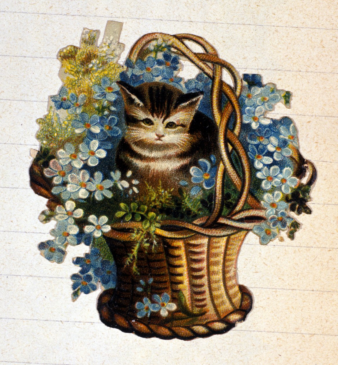 En katt i en korg med blommor. 1800-talets kromolitografi. av Unknown artist