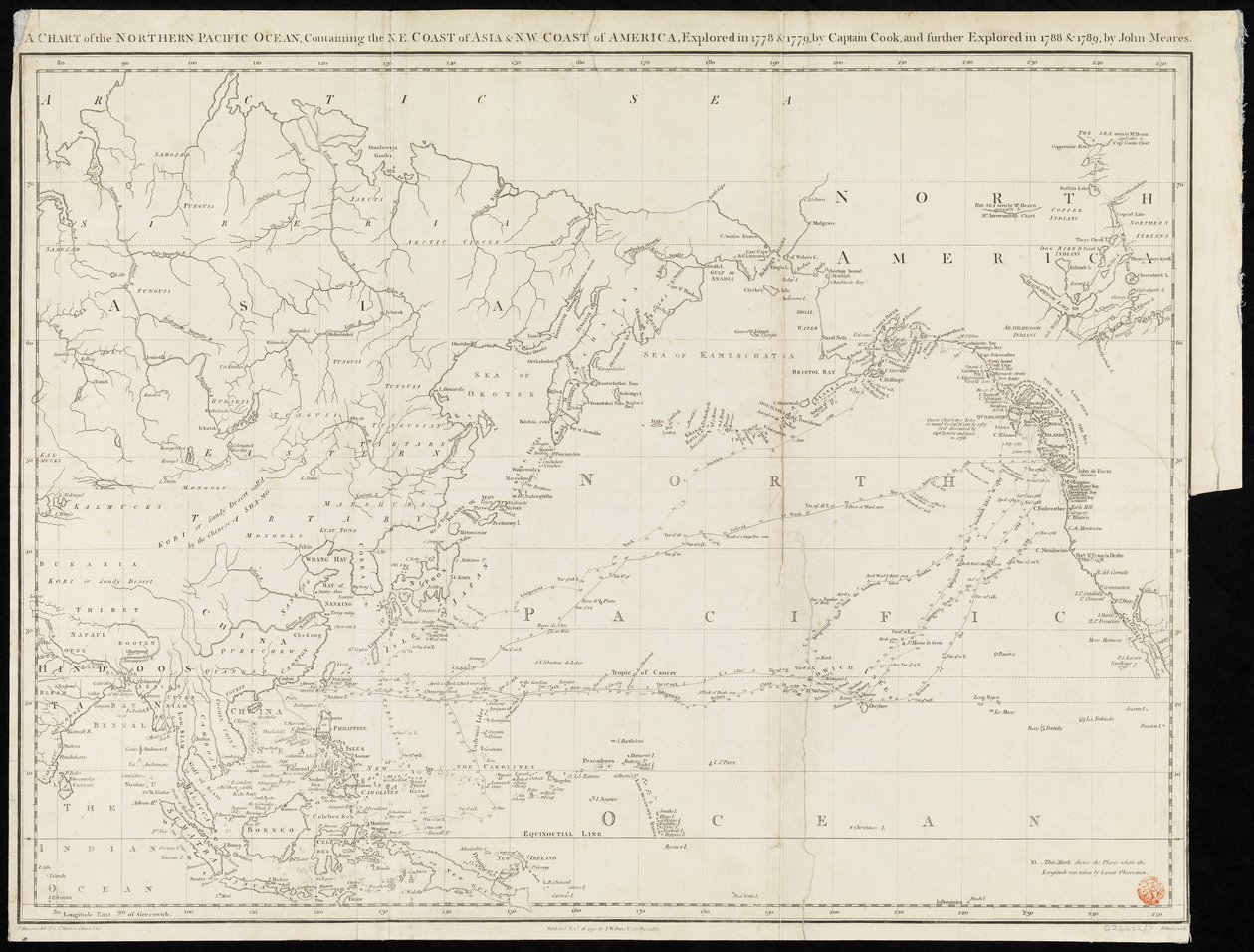 En karta över norra Stilla havet med Asiens nordöstra kust och Amerikas nordvästra kust, utforskad 1778 och 1779 av kapten Cook och vidare utforskad 1788 och 1789 av John Meares (tryck) av Unknown artist