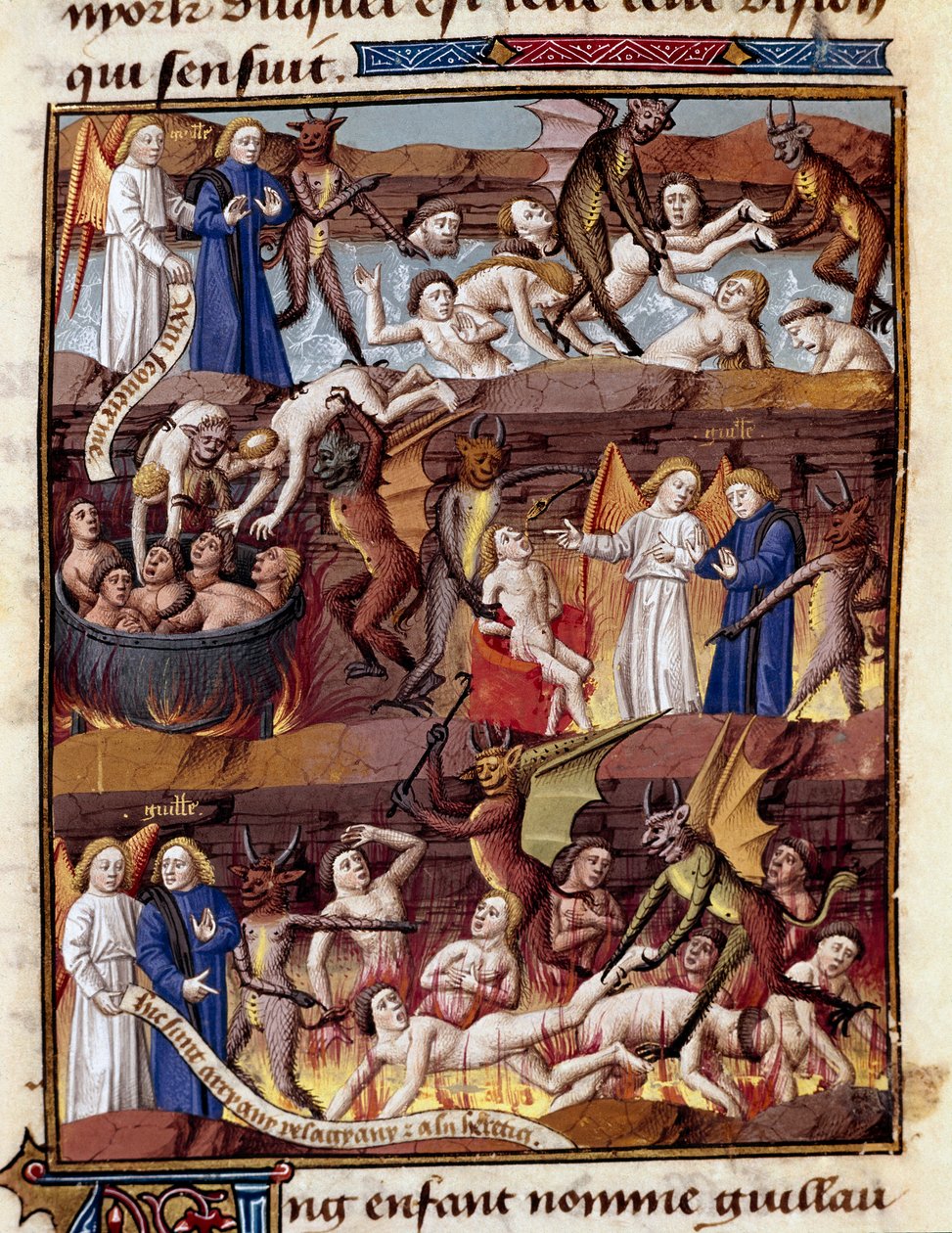 Ett barn som heter Guillaume observerar jävlarnas plågor i Enfer Miniature i "" Le miroir historial"" (Speculum Historiale) (ms. 1196 fol. 408 r.) av Vincent de Beauvais (1190-1264) översatt till franska av Jean de Vignay av Unknown artist