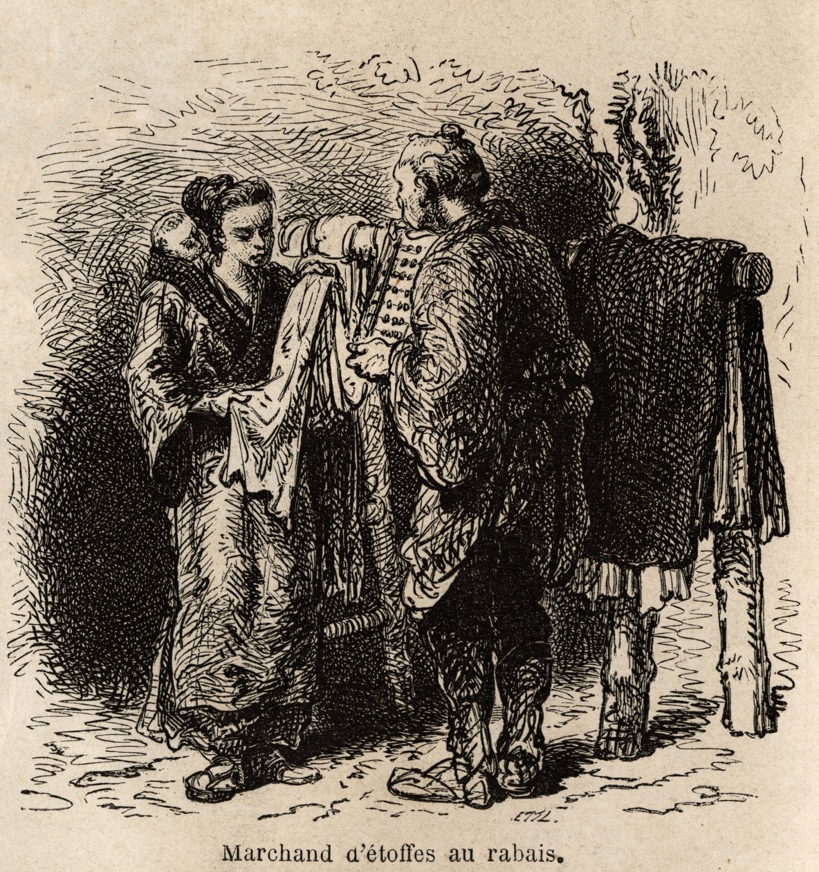 En tyghandlare gör artikeln till en ung kvinna som bär sitt barn på ryggen. Gravyr för att illustrera resan till Japan, av Aime Humbert, minister för Schweiziska edsförbundet, 1863-1864, publicerad i "" le tour du monde", under regi av Unknown artist