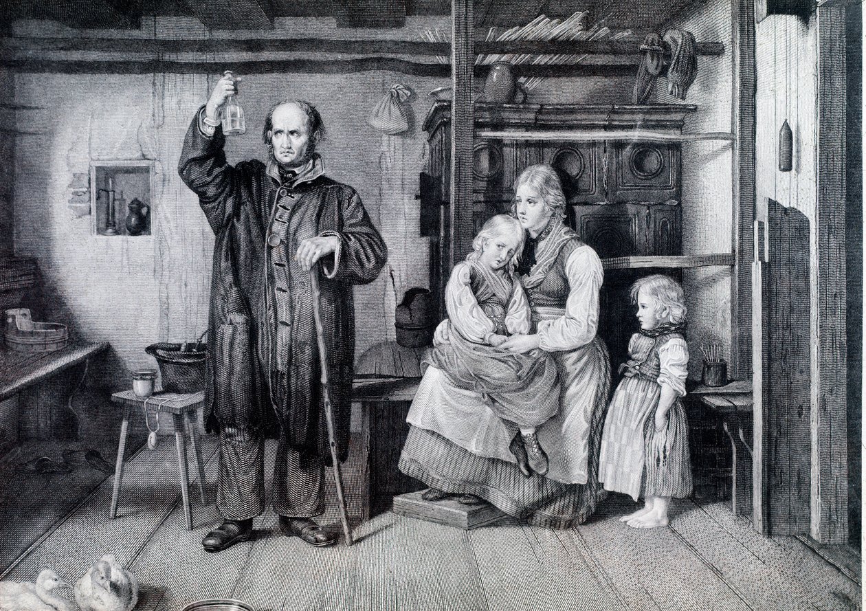 En läkare undersöker en flaska, förmodligen en urinflaska, under ett besök hos en mamma och hennes två barn som lever i fattigdom (gravyr) av Unknown artist