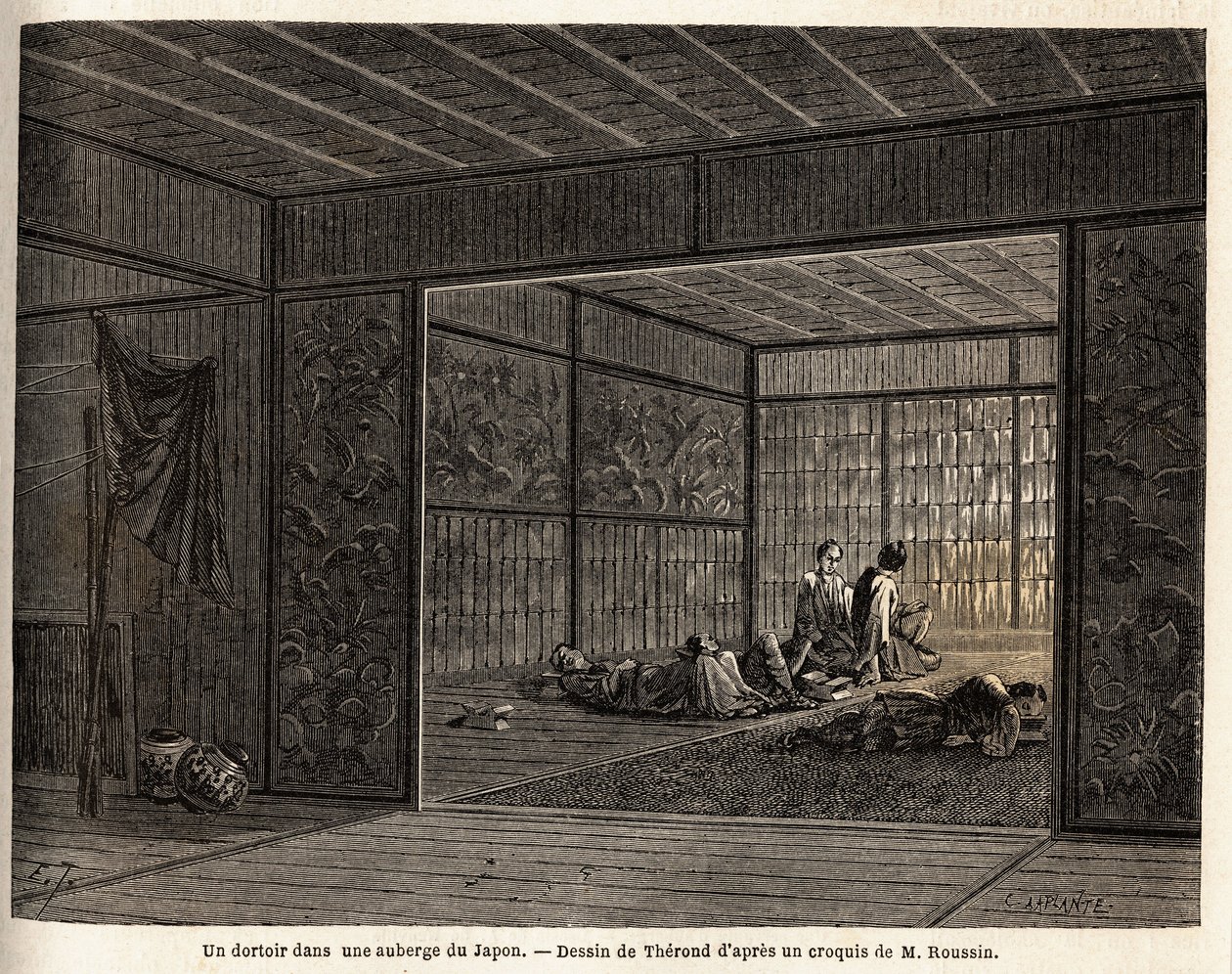 En sovsal på ett värdshus i Japan. Gravyr för att illustrera resan till Japan 1863-1864, av Aime Humbert, minister för Schweiziska edsförbundet, i "Le tour du monde, nouveau journal des voyages", publicerad under ledning av Edouard Charton av Unknown artist