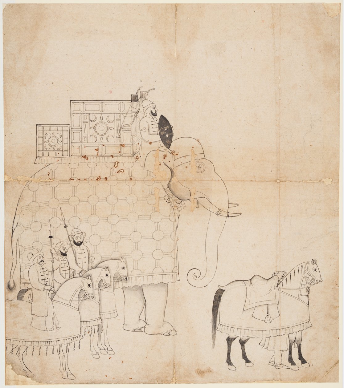 En teckning av Caparisoned Elephant and Horses av Unknown artist