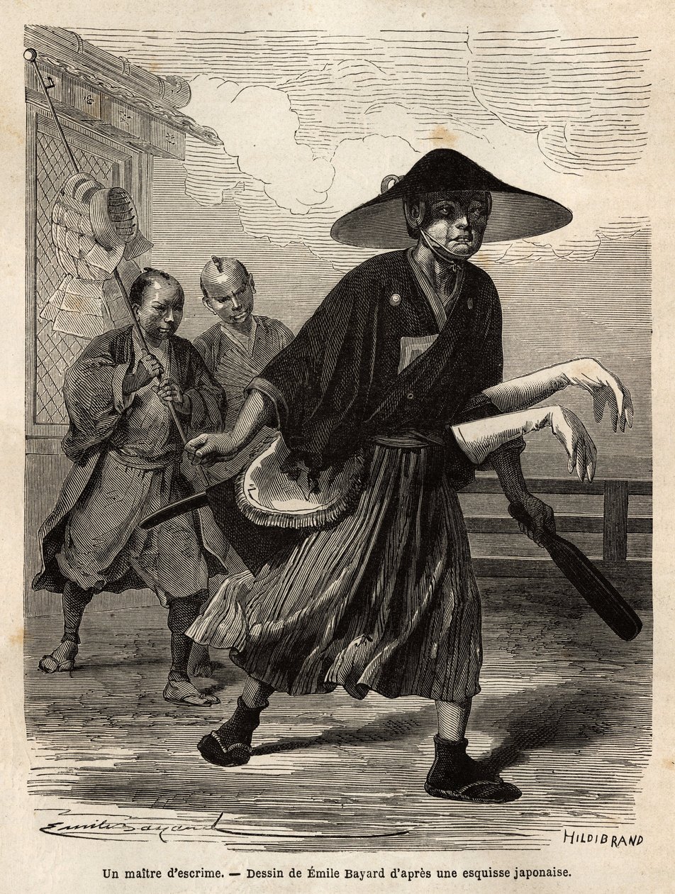 En fäktmästare, följt av två medhjälpare som bär hans material, mästaren glider sina vita handskar över ärmarna på sina svärd. Gravyr för att illustrera resan till Japan, 1863-1864, av Aime Humbert, minister för Schweiziska edsförbundet, i "" Le to av Unknown artist