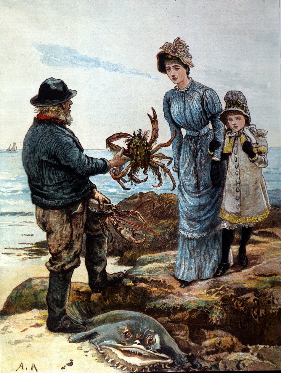 En fiskare visar en mor och dotter en stor krabba. av Unknown artist