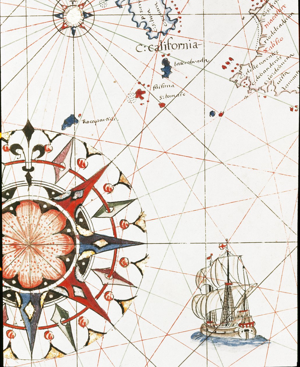 En galjon som seglar utanför Kaliforniens kust (Detalj av portulan av Castellini av Unknown artist