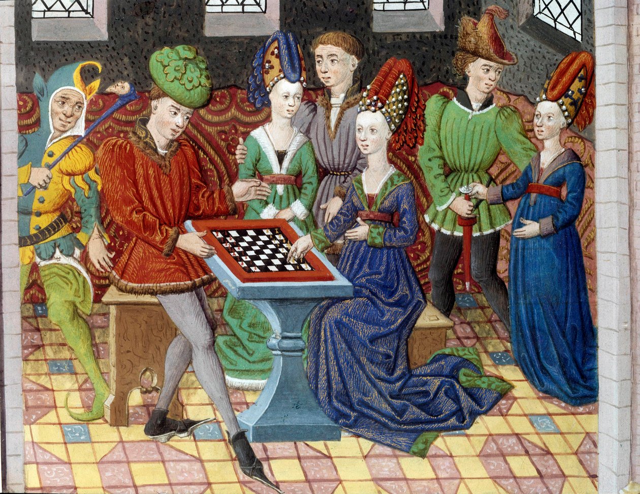 Ett parti schack mellan två hovmän i rummet på ett slott. Miniatyr hämtad från "" Alexander den stores historia"" (eller Alexander III av Makedonien (356-323 f.Kr.)) av Unknown artist