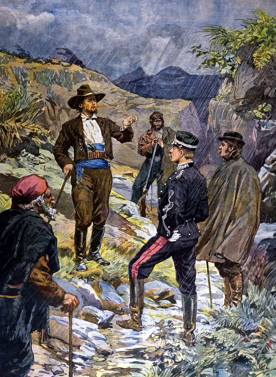 En gendarm som tagits till uppgift av en brigand från Sardinien. 1899. av Unknown artist