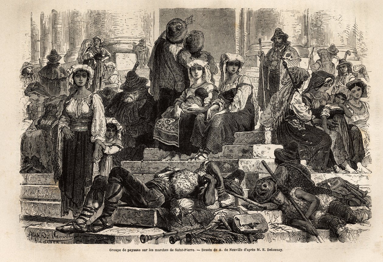 En grupp bönder och herdar samlas för att fira Stilla veckan på St Peters trappa i Vatikanen. Gravyr för att illustrera historien om Stilla veckan i Rom, 1863, av Ludovic Celler, i "Le tour du monde, nouveau journal des voyages"" av Unknown artist