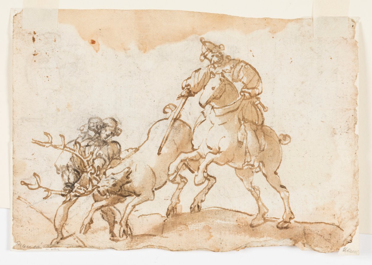 En ryttare som dödar en hjort, preliminär design för The Deer Hunt of Emperor Frederick Barbarossa och Ubaldo Ubaldini av Unknown artist