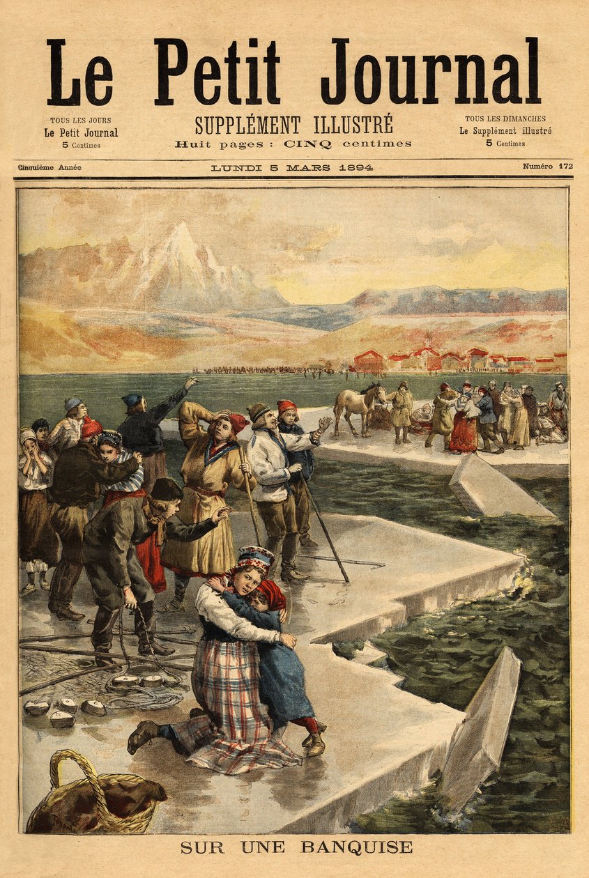Ett stort isblock bryter från fastlandet vid Helsingfors (södra Finska viken) och tar över 500 personer och 20 hästar ut i öppet hav. Gravyr i "" Le petit journal"" 1894-03-05. Selvas samling. av Unknown artist
