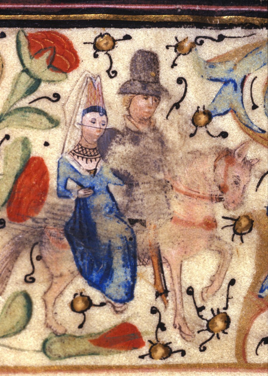 En riddare och hans dam: Fransk belysning av 1300-talet från ett manuskript av Petrarch (Francesco Petrarca). Biblioteca comunale di Rimini. av Unknown artist