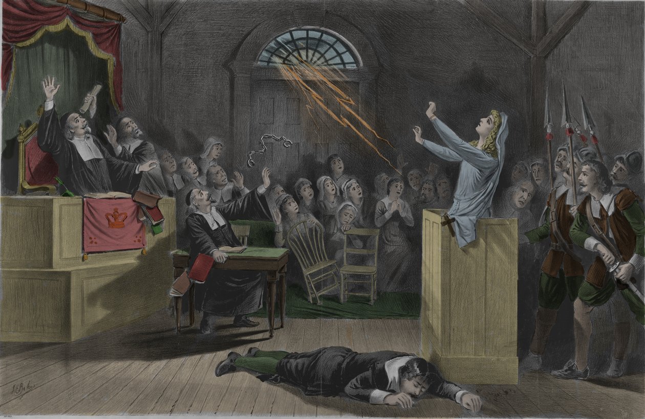 En blixt bränner en häxas kedjor under hennes rättegångar i Salem. av Unknown artist