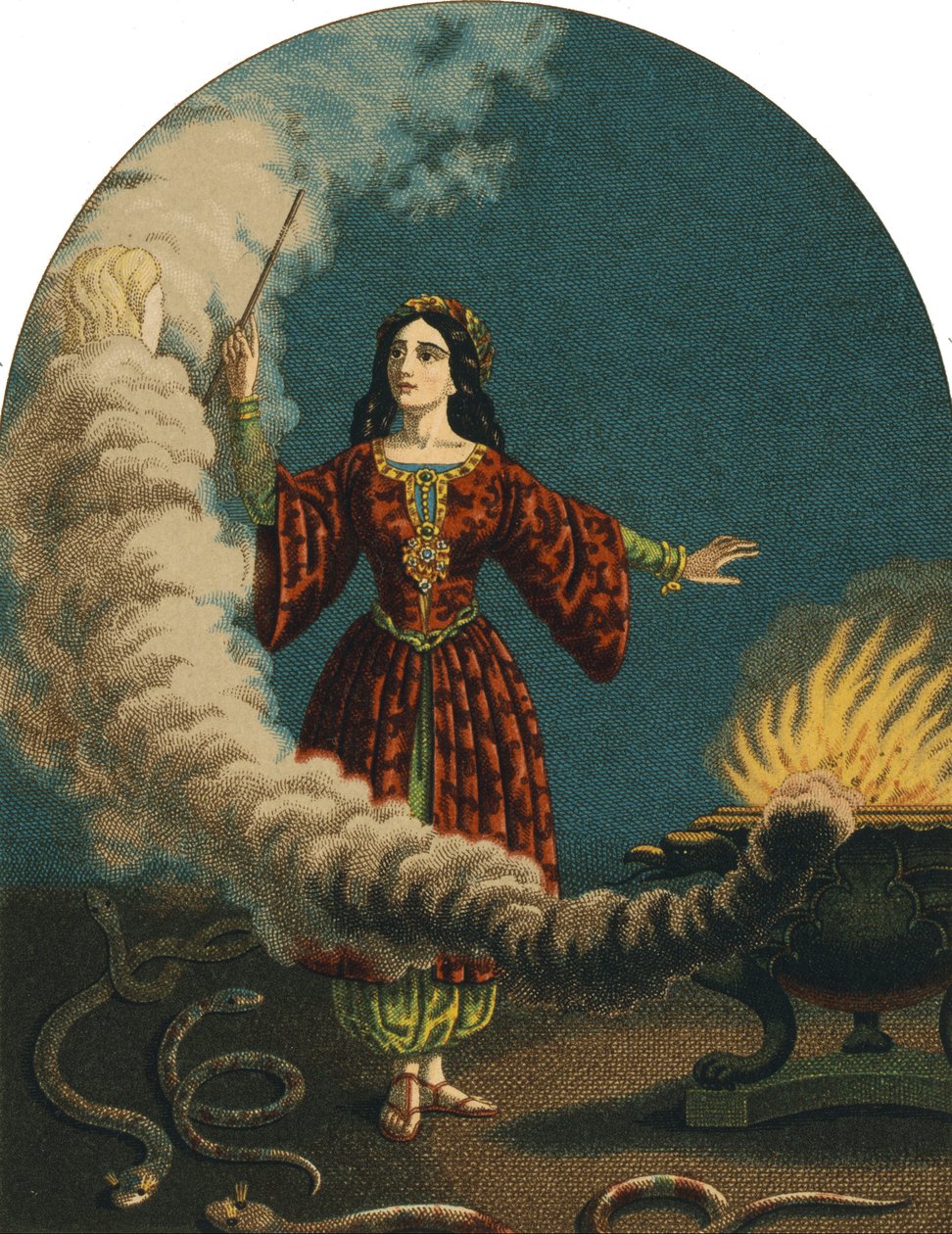 En trollkarl (häxa) som förbereder sortileges med en trollstav, en kittel och ormar. Gravyr från 1852 av Unknown artist