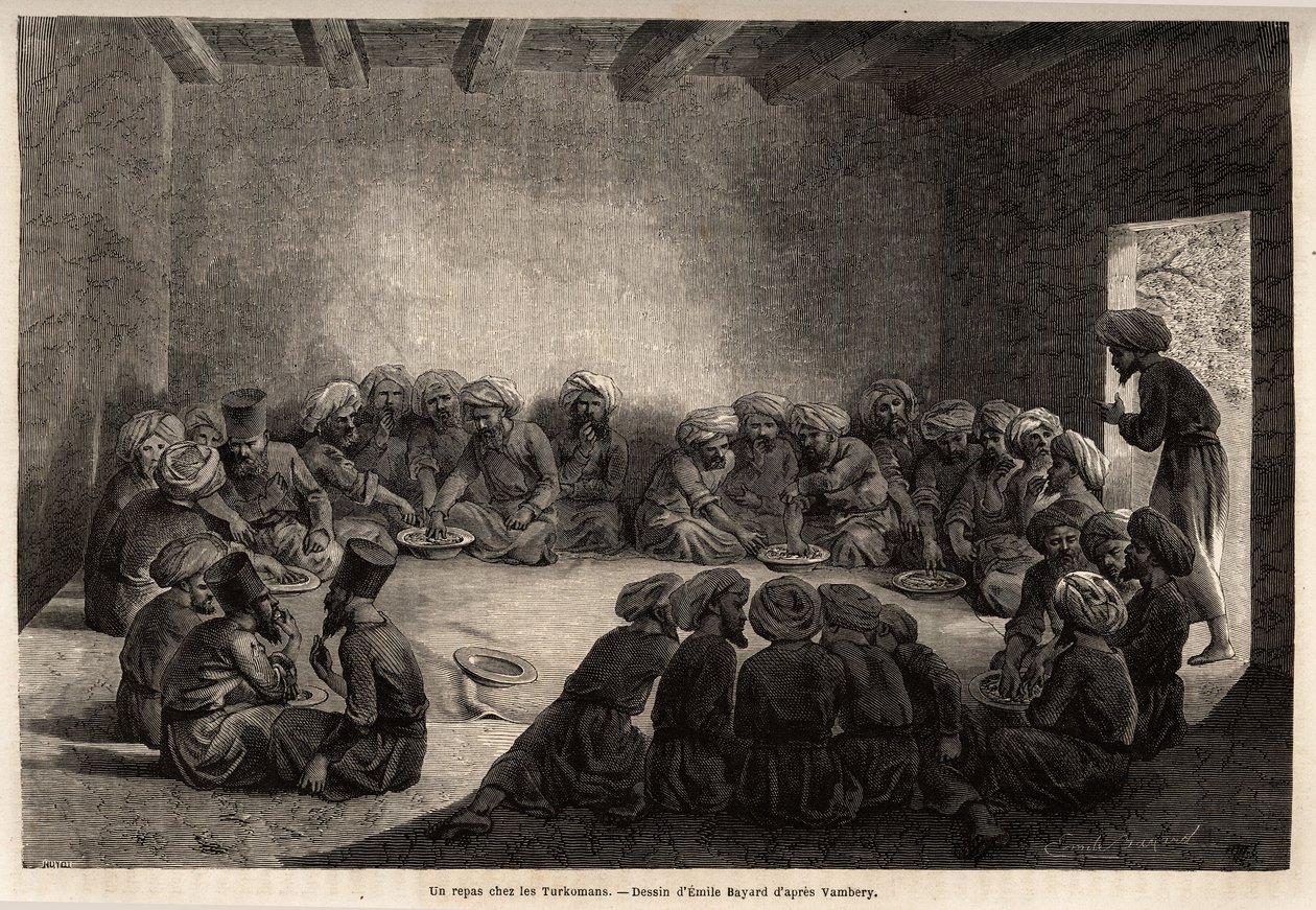 En måltid på Turkomans (Irak). Teckning av Emile Bayard (1837-1891), för att illustrera resan till Centralasien, 1863, av Arminius Vambery (ungersk vetenskapsman förklädd i dervisch). Gravyr i "" Le tour du monde"", redigerad av Edouard Charton av Unknown artist