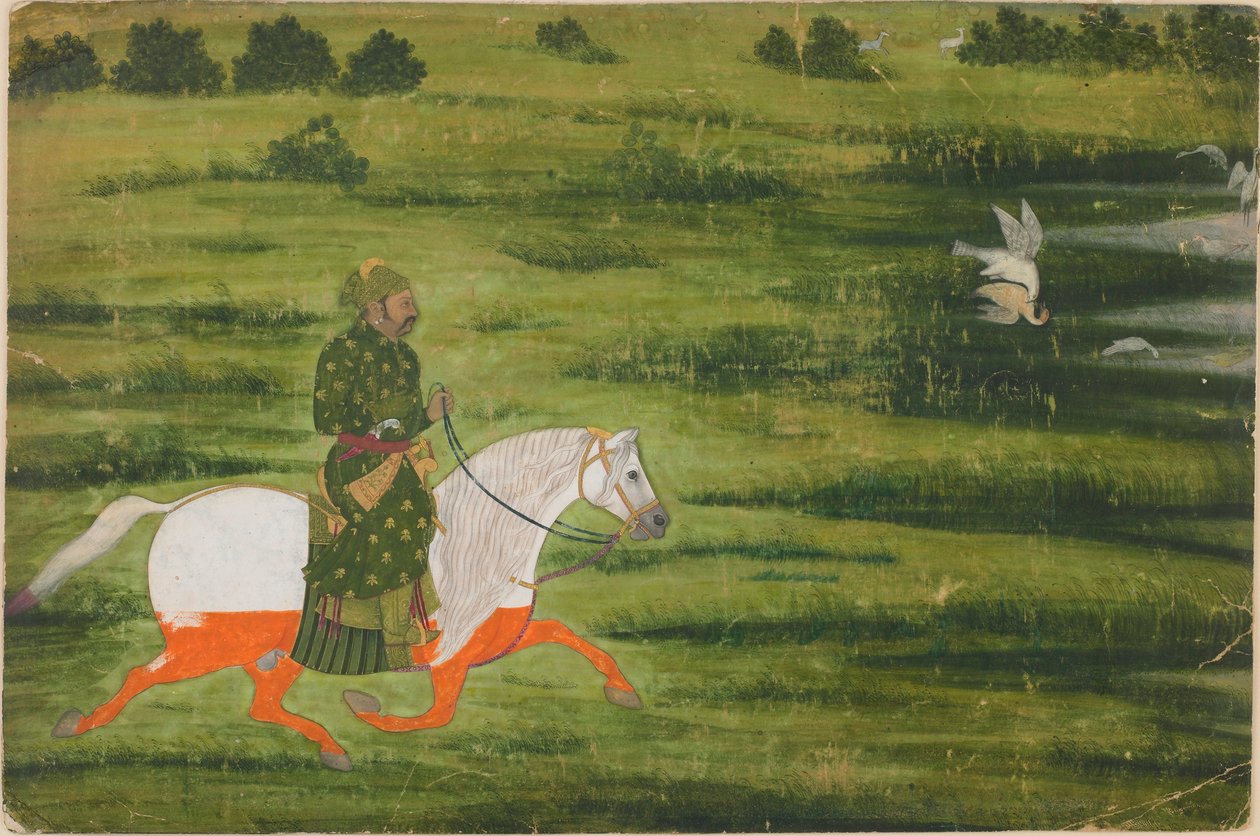 En beriden man som jagar fåglar med en falk av Unknown artist