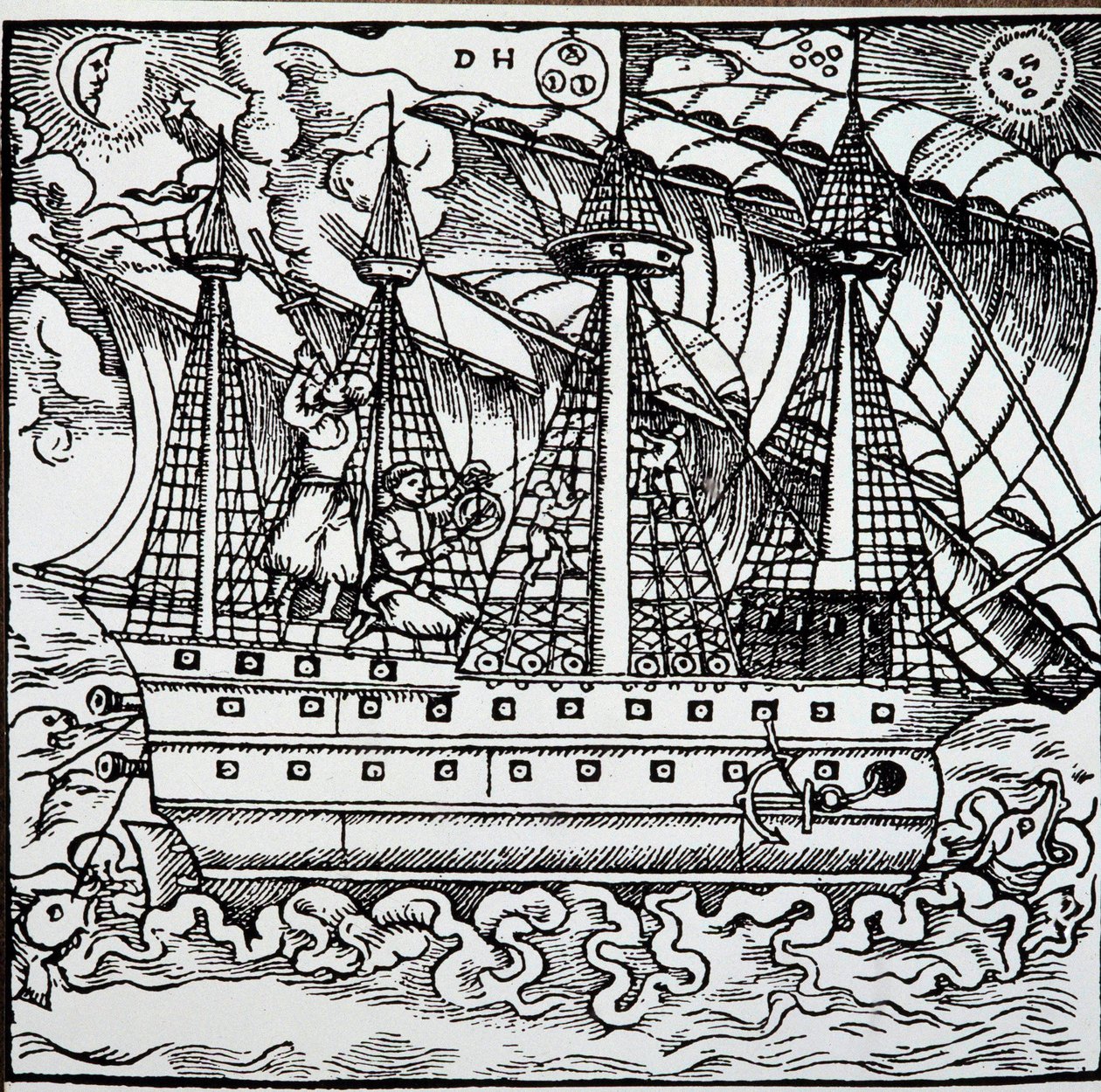 En navigator på en portugisisk karavel som använder en astrolabium. Gravyr från den tyske sjöfararen Hans Stadens (1525-1579) reseberättelser. av Unknown artist