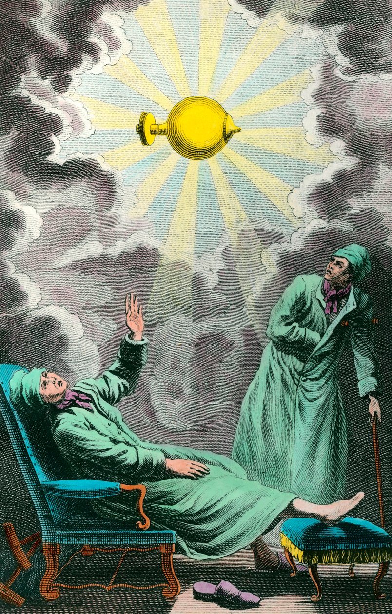 En förlamning sträcker ut sin hand till en elektrisk ljuskälla som kan återställa hans styrka. Frontispice hämtar från "The war of paralysis by electricite", ett verk tillägnat Monsignor the Marechal Duke of Noailles, av Abbe Sans. Gravyr av J. B. Chevalie av Unknown artist