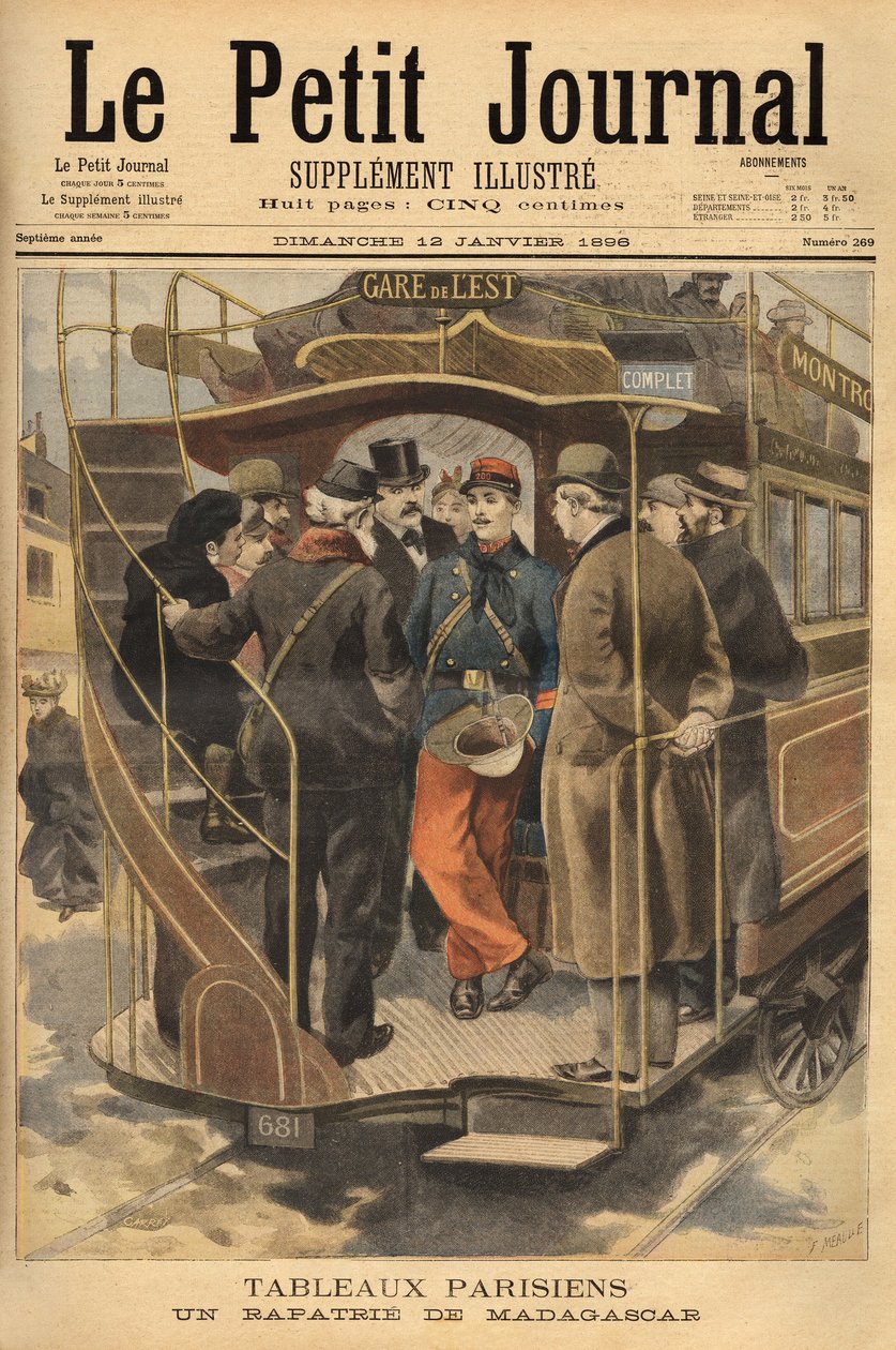 En repatrierad från Madagaskar på omnibusplattformen, omgiven av den beundransvärda publiken. Gravyr i "" Le petit journal"" 1896-01-26. Selvas samling. av Unknown artist