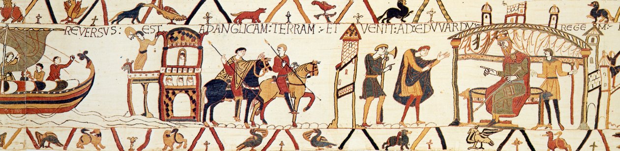 En scen från Bayeuxtapeten som visar kung Edward som pratar med Harold av Unknown artist