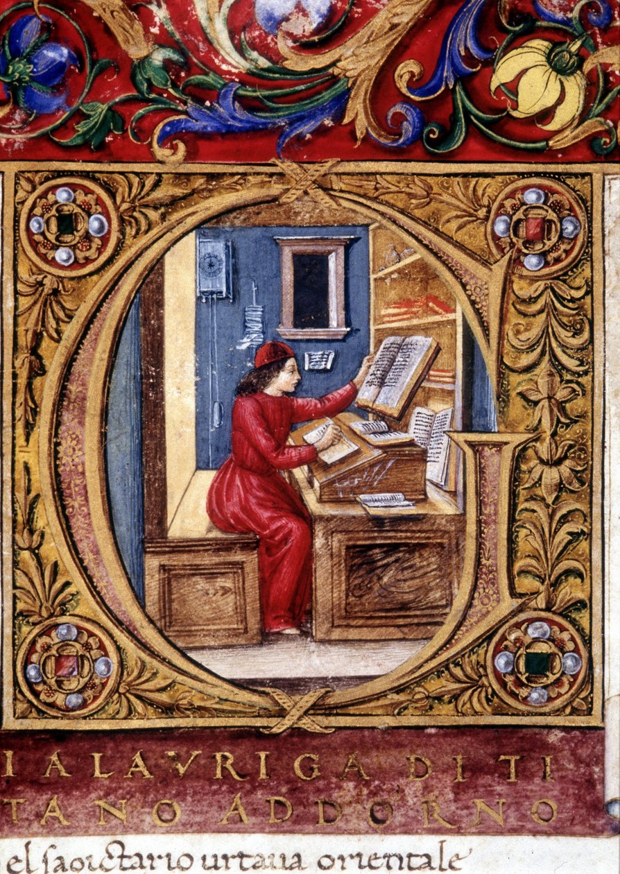 En lärd - på väggen, en av de första representationerna av en pendel (bokstaven "" g"). 1400-talsmanuskript. av Unknown artist