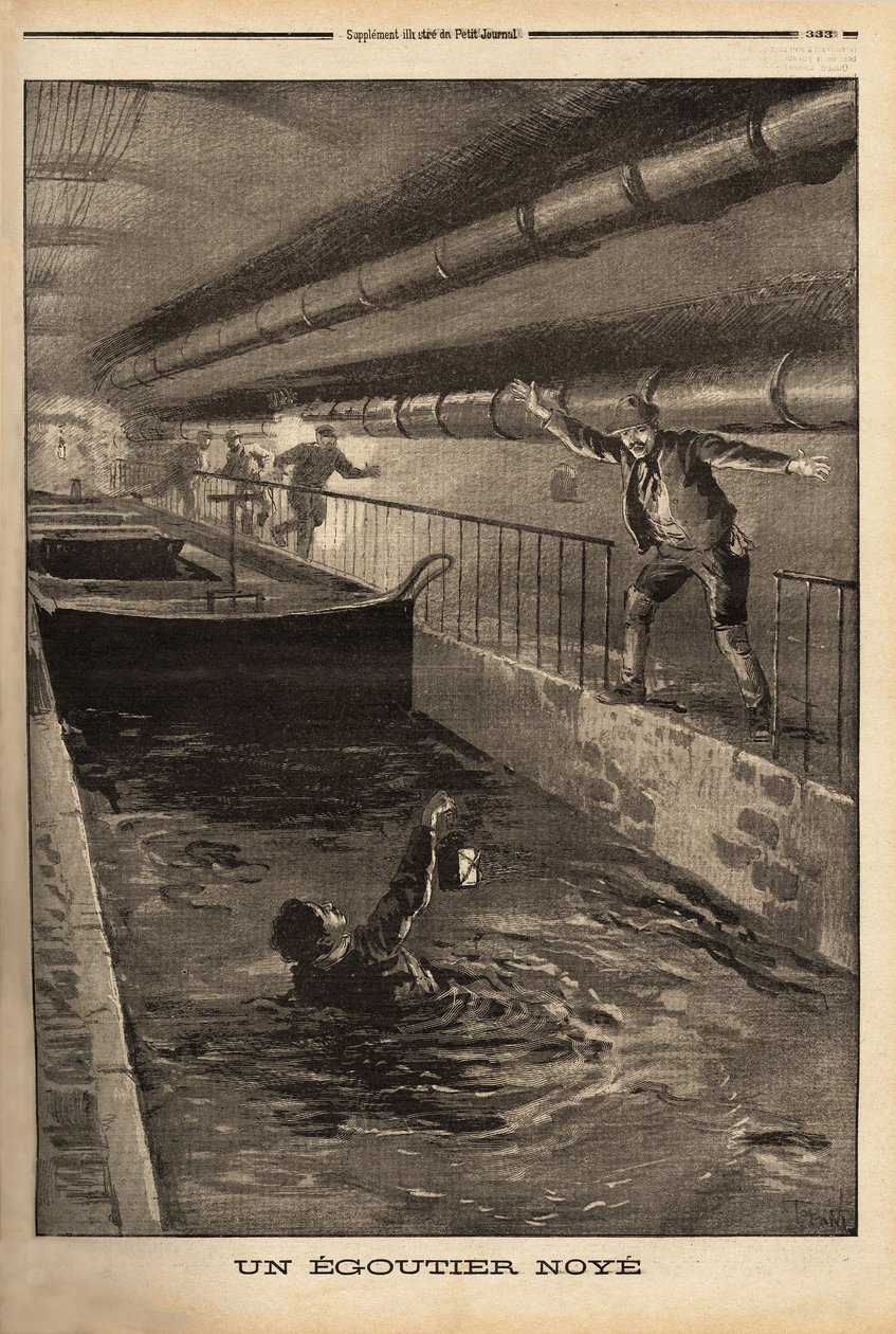 En segutter från Paris dränks genom att rengöra en tjusig härledning. Gravyr i "" Le petit journal"" 1899-09-15. Selva samling. av Unknown artist