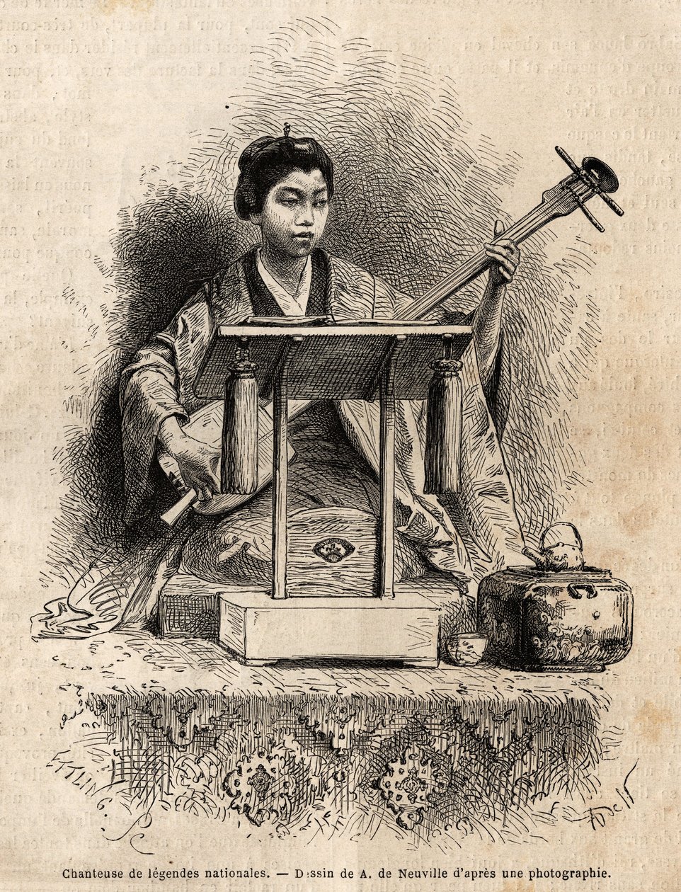 En sångerska av nationella legender, spelar shamisen för att ackompanjera sin sång, sittande bakom hennes skrivbord. Gravyr för att illustrera resan till Japan, 1863-1864, av Aime Humbert, minister för Schweiziska edsförbundet, i "Le tour du monde, nouveau av Unknown artist