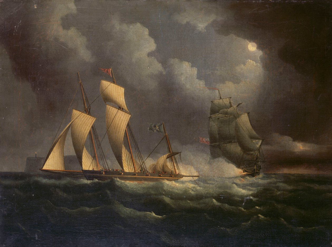 En smugglande lugger jagad av en örlogsbrigg, ca 1825 (olja på duk) av Unknown artist