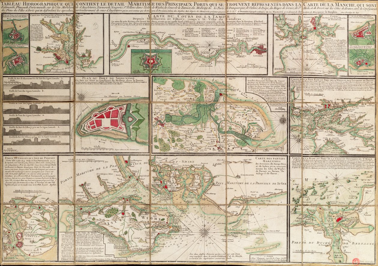 En tabell med uppgifter om de viktigaste hamnarna som finns representerade på kartan över Engelska kanalen, ca 1780 (papper, linne) av Unknown artist
